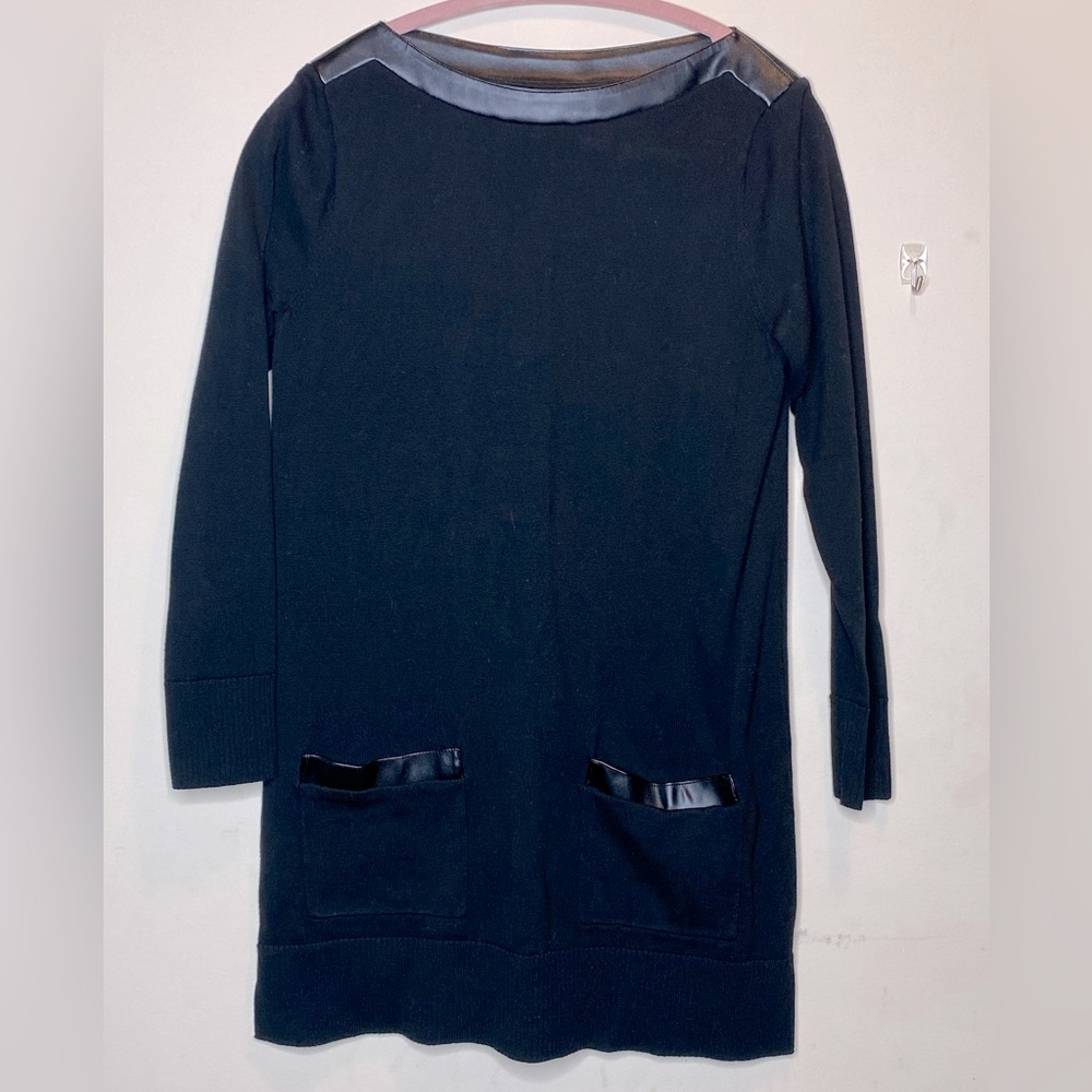eight eight eight Black Long Sleeve MIDI Dress Faux Leather Accents Size Small